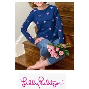 🆕Lilly Pulitzer Rami Long Sleeve Sweatshirt Navy With Pink Heart L🆕